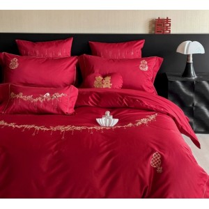 新款100支婚庆全棉长绒棉绣花四件套新婚喜嫁结婚大红色纯棉被套
