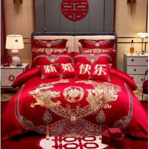 60S长绒棉高端婚庆四件套全棉纯棉龙凤刺绣大红色婚房结婚