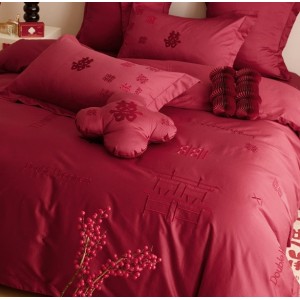 全棉100支长绒棉新中式双喜纯棉刺绣结婚四件套红色婚庆被套床单